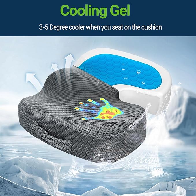 Gel Seat Cushion – Office Chair Cushion – Non-Slip Gel Memory Foam Coccyx Cushion for Tailbone Pain - Desk Chair Car Seat Cushion Driving - Sciatica Back Pain Relief, Mesh, Grey