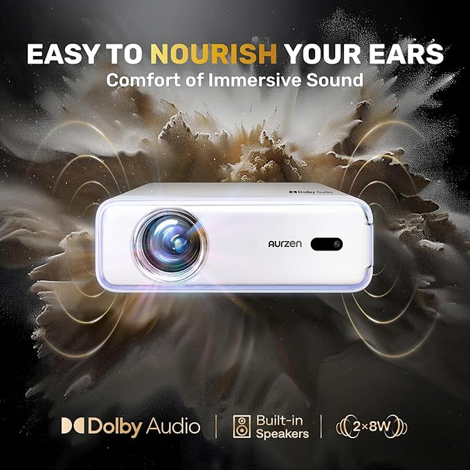 Aurzen EAZZE D1 Smart Projector with WiFi and Bluetooth, Netflix-Officially-Licensed, Auto Focus & Keystone, DoIby Audio, Zoom, Native 1080P Movie, Portable Outdoor Mini Projector, White