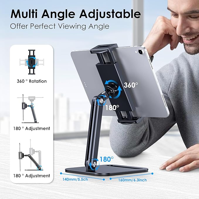 CreaDream Tablet Stand, Heavy Aluminum Tablet Holder for Desk with Adjustable 360° Swivel Bracket, Compatible with iPad Pro/Air/Mini, Galaxy Tab, Surface Pro, Kindle Fire 4.7''-13", Black