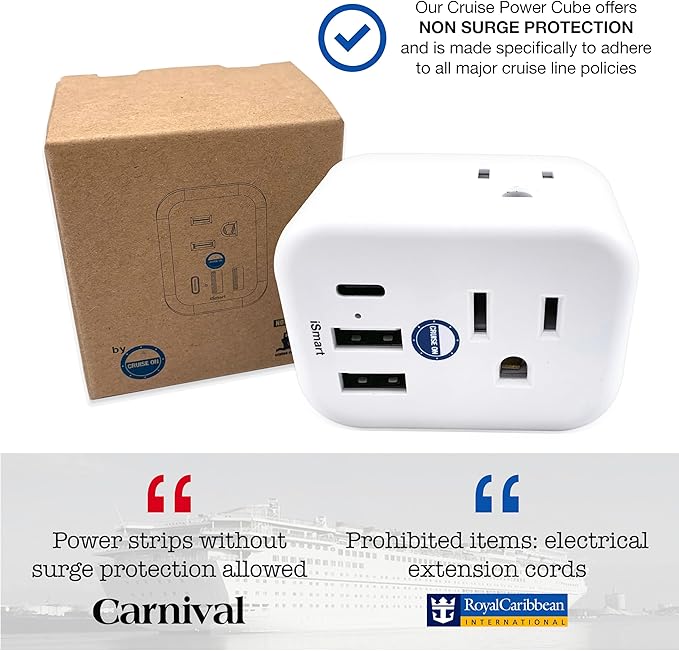 Cruise Approved Power Strip Non Surge Protector for Cruise Ship Multi Plug, 6 Outlets, 2 USB-A, 1 USB-C, & 3 AC Outlet for Carnival, Celebrity, Princess, Norwegian & Major Lines in 2025 & 2026