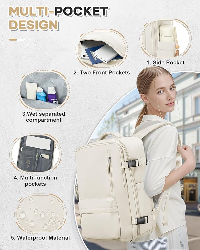 Carry On Backpack for Women, Airline Approved Large Travel Backpack Flight Approved, Waterproof 14 Inch Laptop Backpack Business Work Backpacks Bag Men Beige Mochila De Viaje