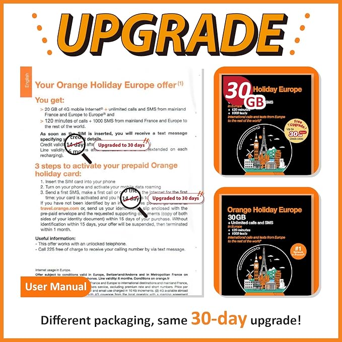 Orange Holiday Europe Prepaid Sim 30GB Internet Data | 30 Days-Use | Data tethering Allowed | 120min & 1000 SMS from Europe to Any Country Worldwide+1 Sim Card Holder+1 Pin
