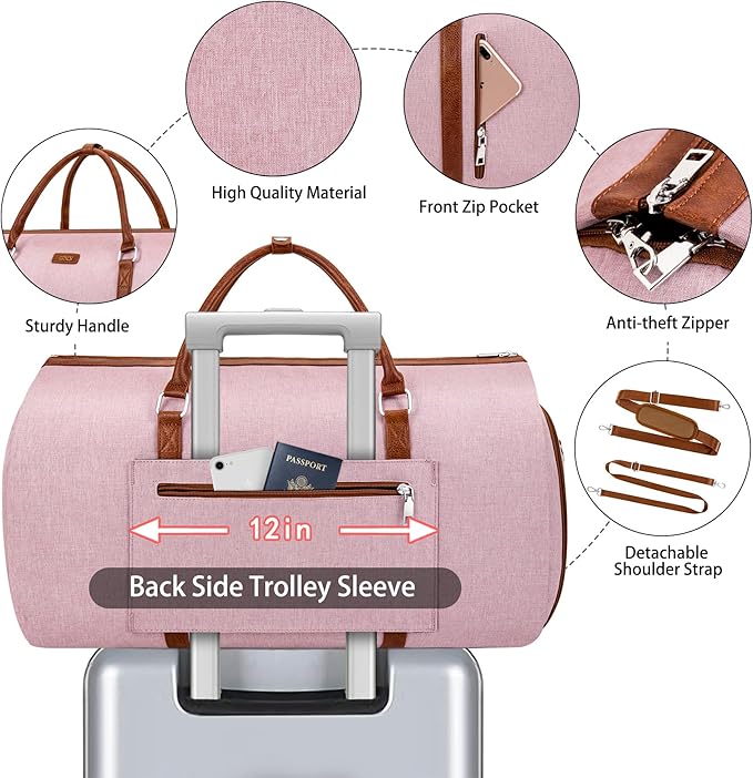 4pcs Convertible Garment Duffel Bag for Travel - 50L 2-in-1 Carry On Weekender Overnight Bag with Toiletry Bag, Fits Suits & Dresses, Trolley Sleeve, Hanging Suit Compartment, Waterproof Shoe Pocket