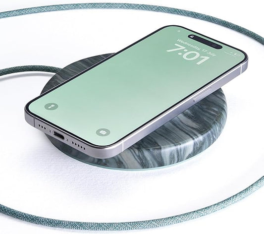 Einova Classic Stone – Marble Wireless Charging Pad Designed in Italy, Integrated 6 ft USB-C Cable, Smartphones, Wireless Earbuds, Smartwatches – Pine Verde Alpi Marble