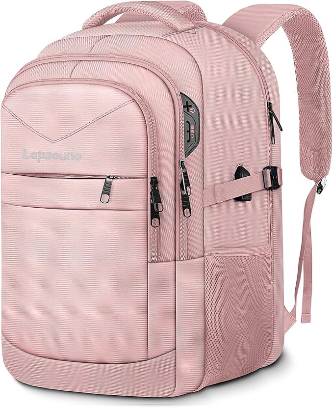 Lapsouno Large Backpack for Women, TSA 17.3 Inch Travel Laptop Backpack with USB Port, College School Business Backpack, Light Pink