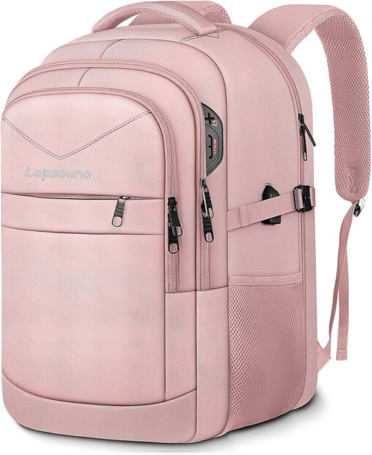 Lapsouno Large Backpack for Women, TSA 17.3 Inch Travel Laptop Backpack with USB Port, College School Business Backpack, Light Pink