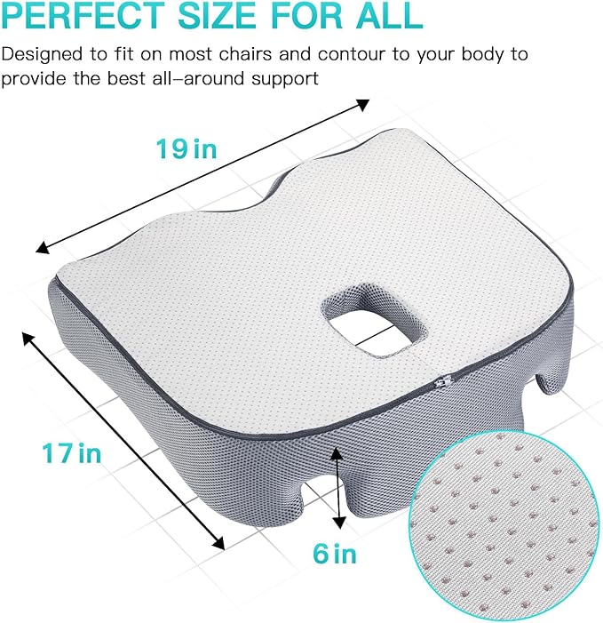 Benazcap Memory Seat Cushion for Office Chair Sciatica & Back Pain Relief Memory Foam Firm Coccyx Pad for Car, Wheelchair, Gaming Chair and Desk Chair, Gray