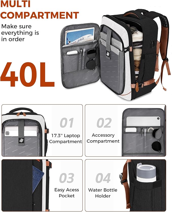 Vancropak Flight Approved 40L Expandable Carry On Travel Backpack, Lightweight Weekend & Short Trip Travel Bag with 3 Packing Cubes, Water-Resistant Anti-Theft Luggage for Men Women, Black White Brown