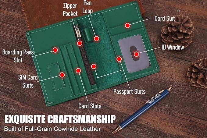 STAR VISTA Phoenix Leather Passport Holder, Calfskin Travel Wallet - RFID Blocking, ID Window, Zipper Pocket, Pen & Notebook Included, Mint