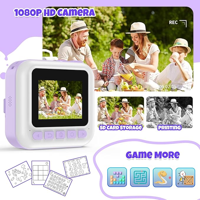 Instant Print Camera for Kids,Children Digital Camera Video Toddler Print Camera Christmas Birthday Gifts Portable Kids Toys for 3 4 5 6 7 8 9 10 Year Old Girls