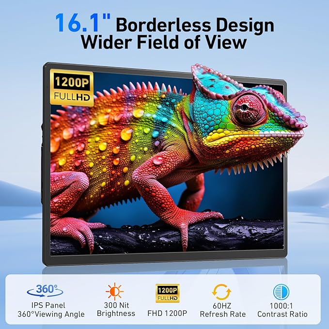 Laptop Screen Extender Monitor Portable - 16.1'' FHD 1200P Portable Screen for Laptops, 360° Rotating, Plug & Play, Detachable Stand, Height Adjustable Laptop Monitor Extender for Mac/Win/Phone/Tablet