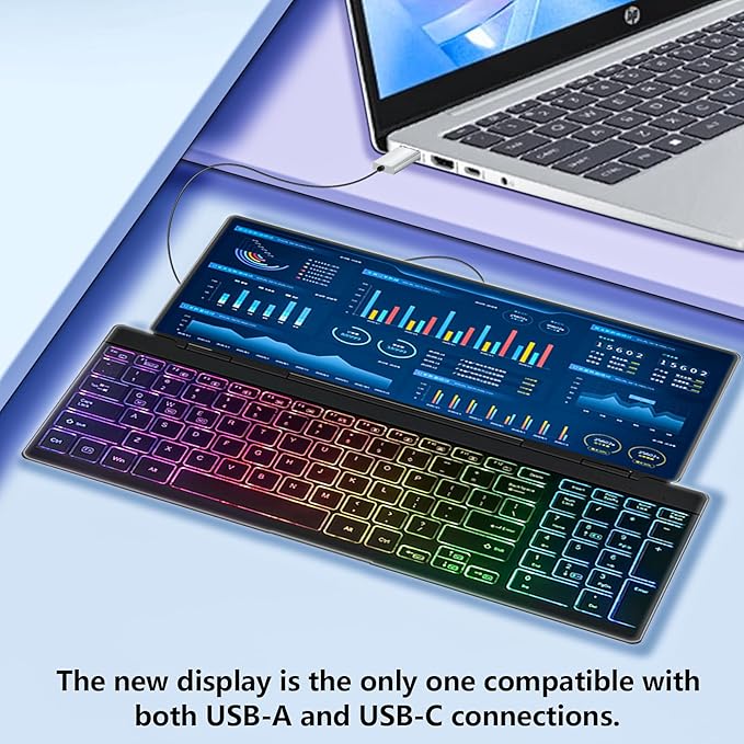 Portable Touchscreen Monitor with Silent Keyboard 12.8-inch Ultra-Slim Stretched Bar Screen Folding FHD 120% sRGB, USB-A/C Compatible Screen for Computers, Laptops, Mini PCs, Consoles, Phones
