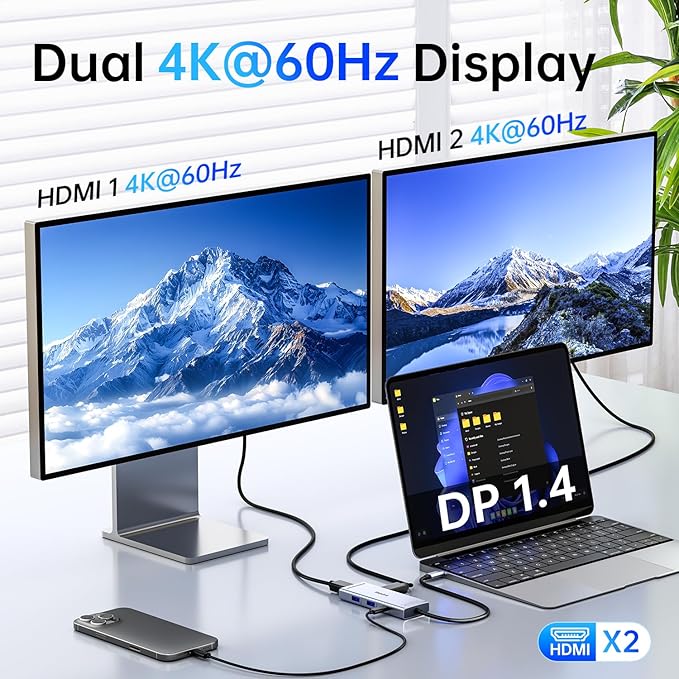 Docking Station to Dual HDMI Monitor, USB C to Dual HDMI Adapter, USB-C HUB with 2xHDMI Ports 4K 60Hz, 100W PD Charging, USB-A&C 3.0, Laptop Docking Station Compatible with Dell, HP, Lenovo, and More
