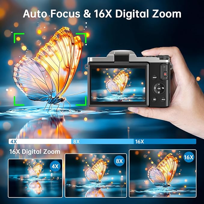 4K Digital Camera for Photography with WiFi, 2025 Latest Auto-Focus Vlogging Camera for YouTube Video 3'' 180° Flip Screen Travel Cameras 16X Zoom Anti-Shake 4K Cameras with SD Card, 2 Batteries