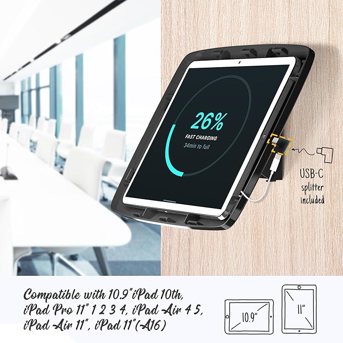 Tablet Wall Mount Lockable Tiltable Anti Theft Security, Compatible with 10.9" iPad 10th, Pro 11" 1 2 3 4, Air 4 5, Air 11", iPad 11"(A16) - BSW102BA