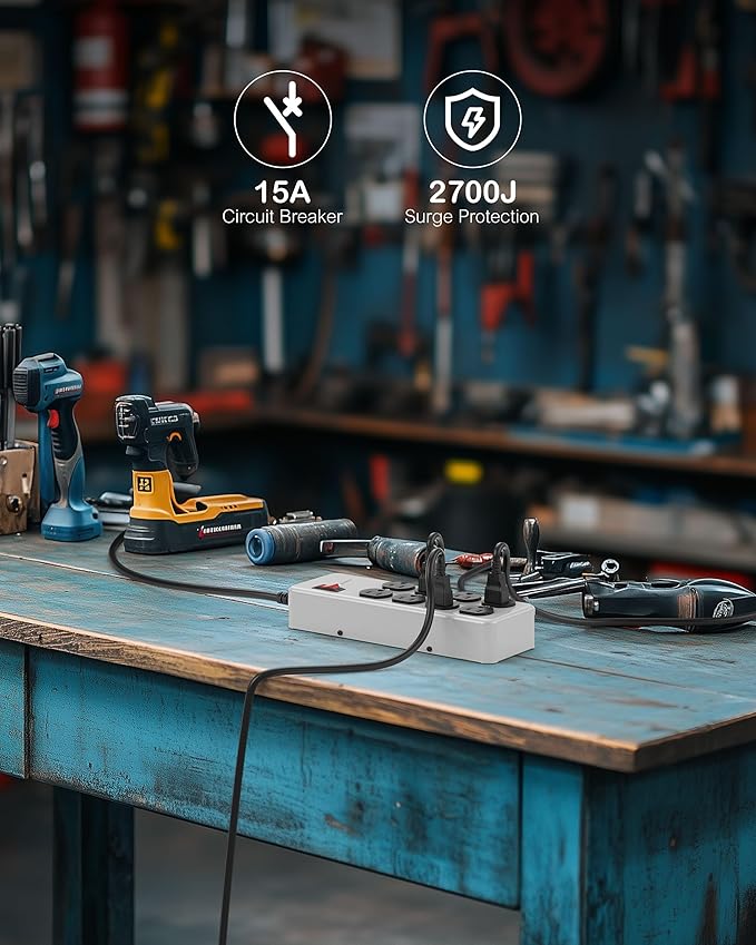 Heavy Duty Power Strip,Industrial Heavy Metal Case Surge Protector,8 AC Outlets,15Amp,2700 Joules,Protected' Indicator,14 Gauge Cord (Grey, 10FT Length)