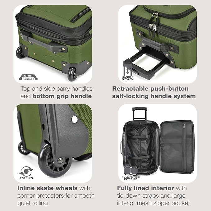 U.S. Traveler Rio Softside Expandable Carry-on Rolling Luggage, Green, 2 Wheel Set