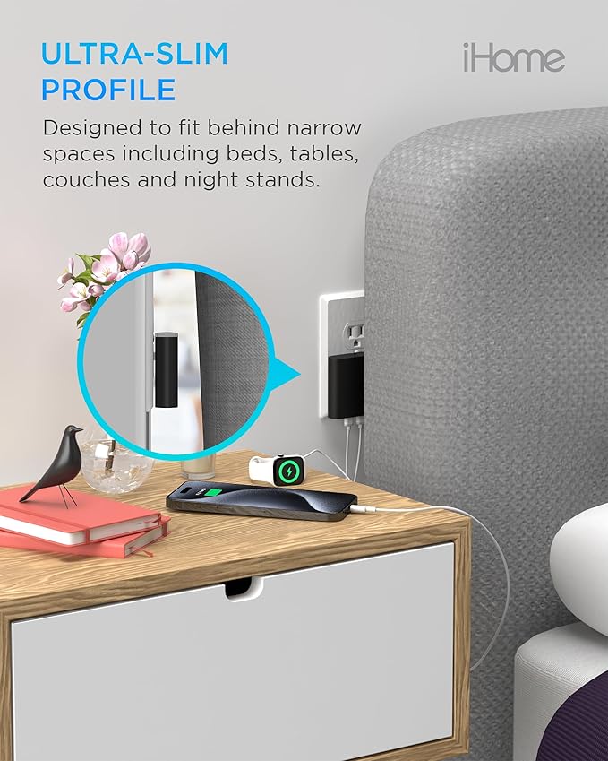 iHome Multiport 40W USB-C Charger, AC Pro 2-Port Flat Block, Dual Fast Charging Wall Adapter