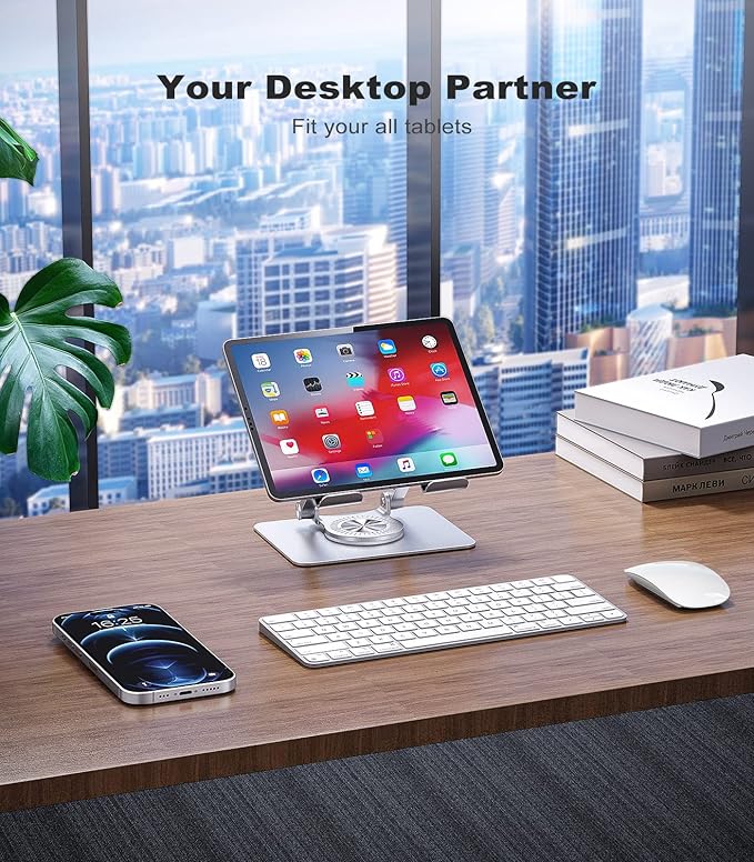 Tablet Stand, Swivel Ipad Stand with 360 Rotating Base, Adjustable Tablet Holder for Drawing, Compatible with iPad Pro/Air/Mini and More (Silver)