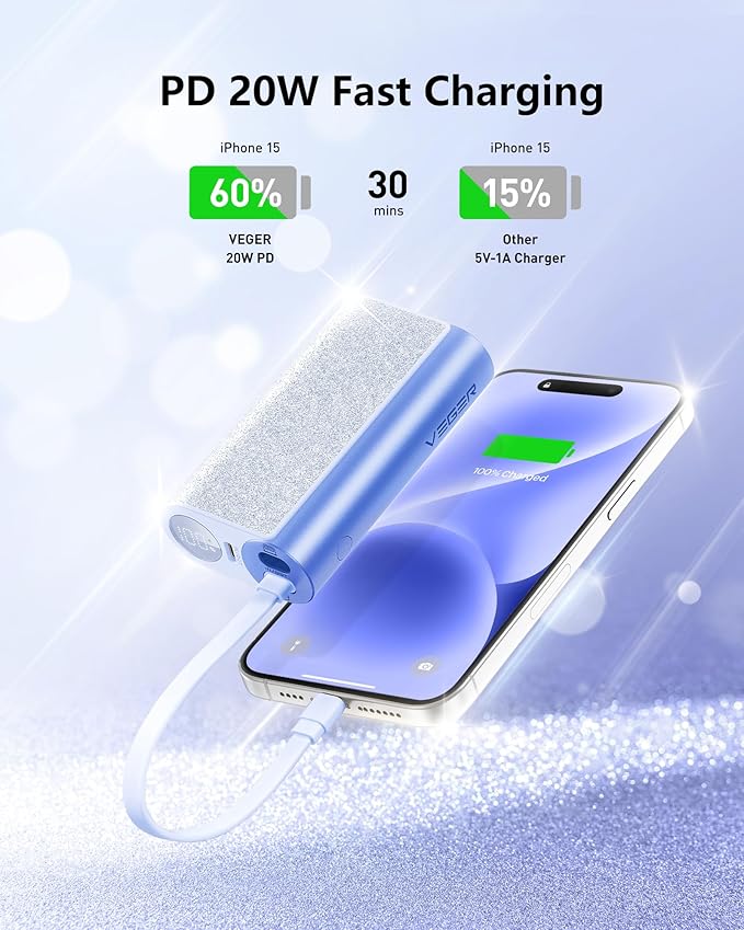VEGER Compact Portable Charger with Built in Cable(Removable), 10000mAh Cute Power Bank 20W Fast Charging, Sparkling Battery Pack Fashion Travel Accessory Compatible with iPhone 15/14, Android-Blue