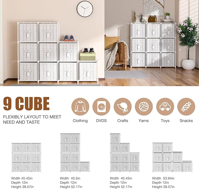 9 Cube Storage Organizer with Printed Drawers, Toy Cubby Storage for Closet, Living Room, Dorm - White