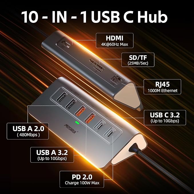 USB C Hub Ethernet,10-in-1 USB C Docking Station with 4K@6Hz HDMI,1Gbps Ethernet, PD 100W,Type C & 2 USB A 3.2 10Gbps, 2 USB A 2.0, SD/TF, Aluminum USB Hub for Laptop,PC, iPhone 16/15,Mac