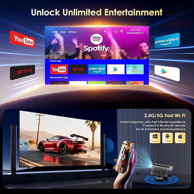 Mini Projector with WiFi and Bluetooth, Electric Focus & Vertical Keystone, 1080P HD 4K Support, Smart Projector with Built-in Streaming Apps, Portable Projector for Outdoor & Home Movie