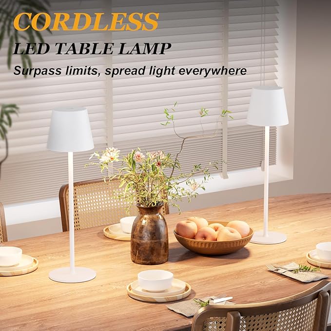 Kakanuo Cordless Table Lamp Rechargeable White - KK 2 Pack 5000mAH Battery Operated Lamp for Table, 3 Color Stepless Dimming Wireless Lamp for Kitchen Counter, Outdoor Patio, Touch Control