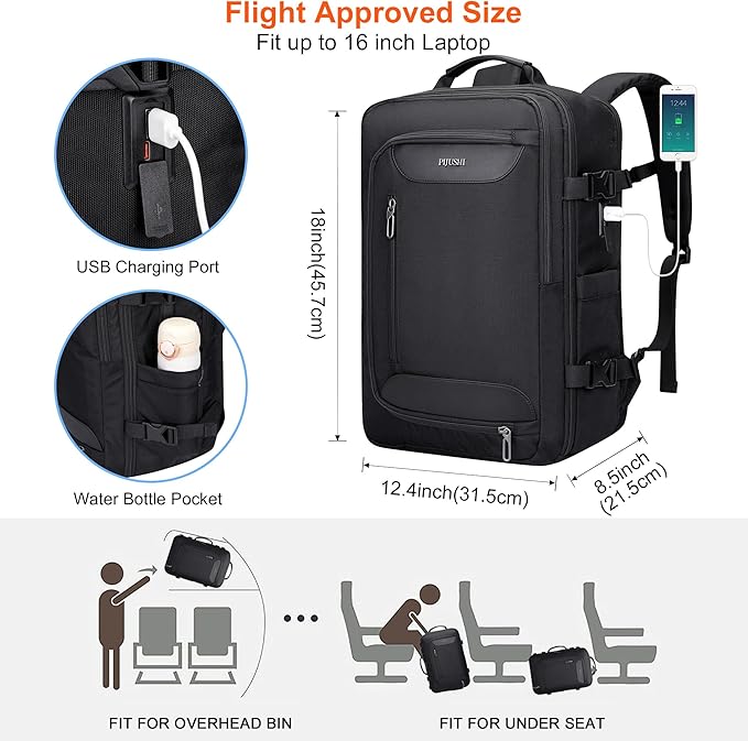 PIJUSHI Travel Backpack for Women Men Flight Approved Carry on Bag 16 inch Laptop Personal Item Daypack with Shoe Compartment(PE038 Black)