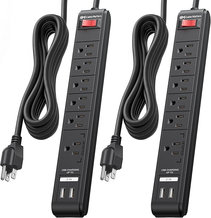 [ETL Listed] Cable Matters 2-Pack 6-Outlet Surge Protector Power Strip with USB Ports - 12ft, Long Extension Cord, Surge Protector with USB Ports, Black