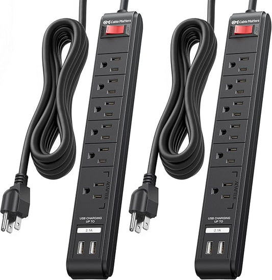 [ETL Listed] Cable Matters 2-Pack 6-Outlet Surge Protector Power Strip with USB Ports - 12ft, Long Extension Cord, Surge Protector with USB Ports, Black