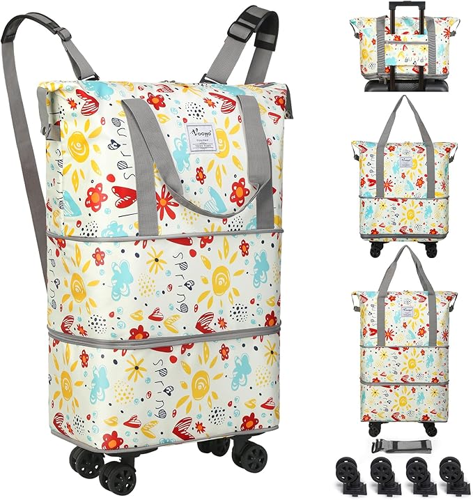 VOOWO Rolling Duffel Bag with Wheels - Foldable Expandable Duffle Bag with Wheels for Travel, Rolling Luggage Bag Carry On Bag with Wheel, Large Rolling Backpack Weekend Bag for Men Women (Flower)