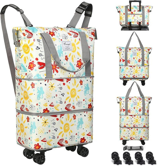 VOOWO Rolling Duffel Bag with Wheels - Foldable Expandable Duffle Bag with Wheels for Travel, Rolling Luggage Bag Carry On Bag with Wheel, Large Rolling Backpack Weekend Bag for Men Women (Flower)