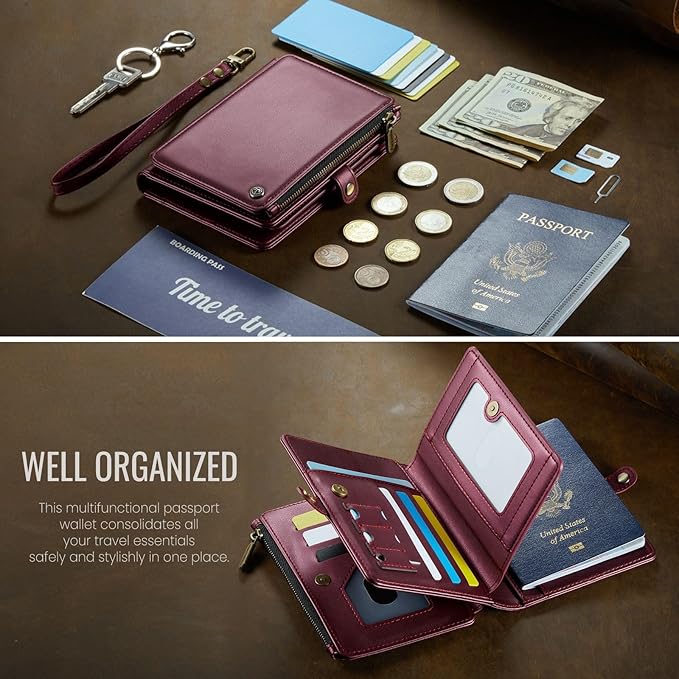 Passport Holder Wallet Bag with AirTag Holder, 11 Card Slots and Passport Solt Cash Solt Photo Solt Zipper Pocket, RFID Blocking Wristlet Strap.Wine
