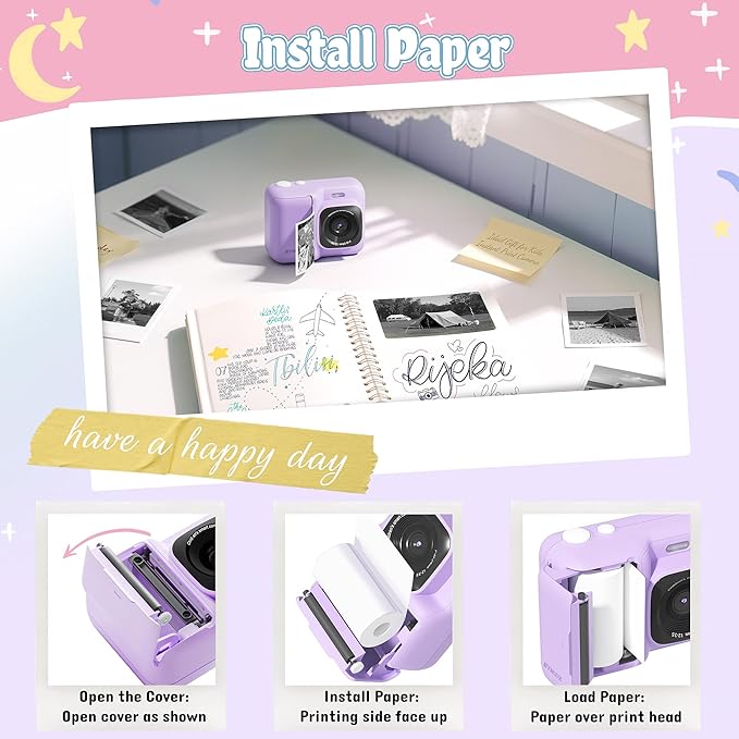 Instant Print Camera for Kids, HD Digital Camera, Christmas Birthday Gifts for 4 5 6 7 8 9 10 Year Old Girls Boys, Portable Toy Printer with 32GB SD Card & 3 Rolls Printing Paper, Plum