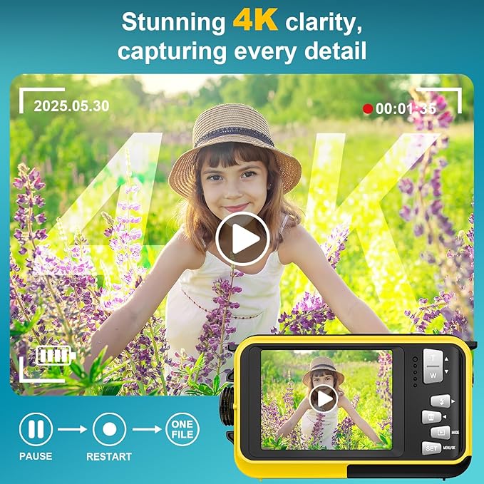 4K Underwater Camera with 32GB Card 1250mAh Battery 56MP Autofocus 16FT Waterproof Camera Dual-Screen Selfie 16X Waterproof Floatable Digital Camera Underwater Camera for Snorkeling