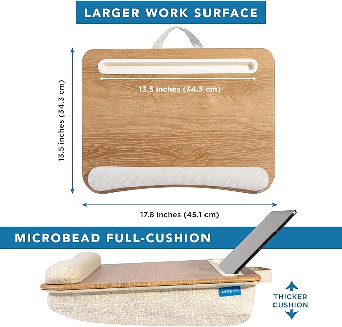 LAPGEAR Portable Laptop Lap Desk with Pillow Cushion, Anti-Slip Strip, Tablet or Phone Storage Slot, Pen and Pencil Pocket, and Wrist Rest - White Oak Woodgrain - Fits 15.6" Laptops - Style No. 91349