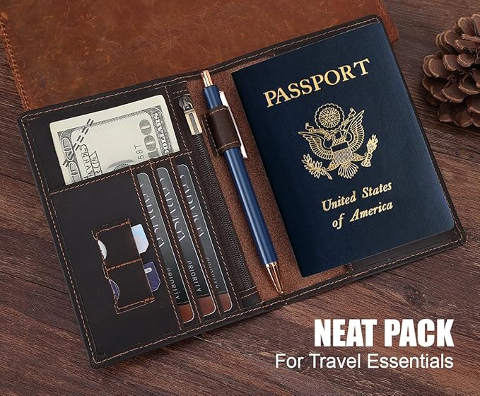 STAR VISTA Phoenix Leather Passport Holder, Full Grain Cowhide Travel Wallet - RFID Blocking, ID Window, Zipper Pocket, Pen & Notebook Included, Dark Chocolate