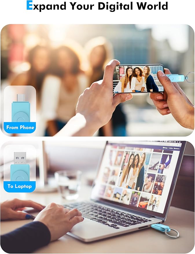 MOSDART 128GB USB3.1 Fast Speed C and A Dual Flash Drive, exFAT Memory Stick with Keychain and LED Indicator, for iPhone 15 and 16, Android Phone, iPad, MacBook, and Other Laptops, Sky Blue