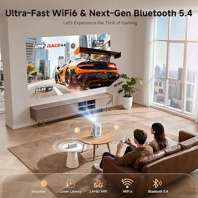 [Short Throw/1200ANSI/Built in Apps] 4K Outdoor Projector with WiFi and Bluetooth, Auto Focus Projector with Dual-Mode Stand, Smart Portable Proyector with Netflix/YouTube/PrimeVideo & Dolby