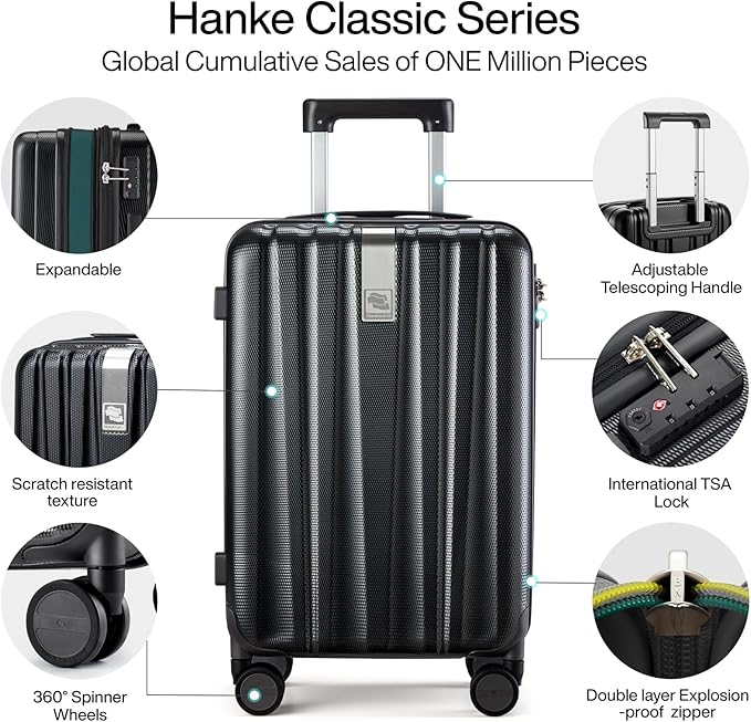 Hanke Expandable Hard Shell Luggage Sets 2 piece Carry on Luggage with Wheels Suitcases Lightweight Checked Travel Luggage Rolling Large Suitcase Travel Luggage Bag Woman Men 20/29 Inch(Jet Black)