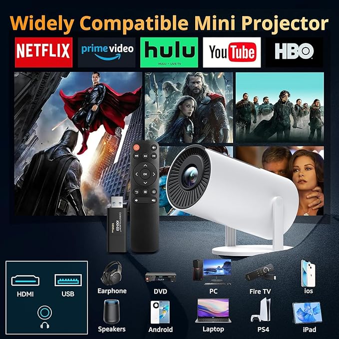 Projector with WIFI and Bluetooth, Auto Keystone 180ANSI Native 1080P Outdoor Movie Portable Projector Compatible with Smartphone, HDMI, USB, AV, TV Stick, PS5 for Home, Bedroom, Outdoor Use