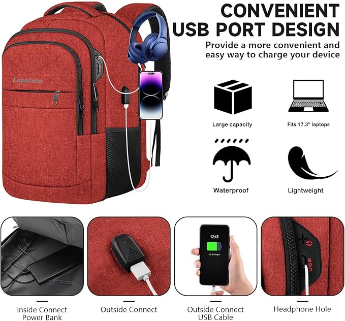 Lapsouno Large Backpack, Travel Laptop Backpack, Carry on Backpack, Sturdy 17 Inch TSA Friendly with USB Port, Water Resistant College School Bag Gifts for Men Women, Wine Red