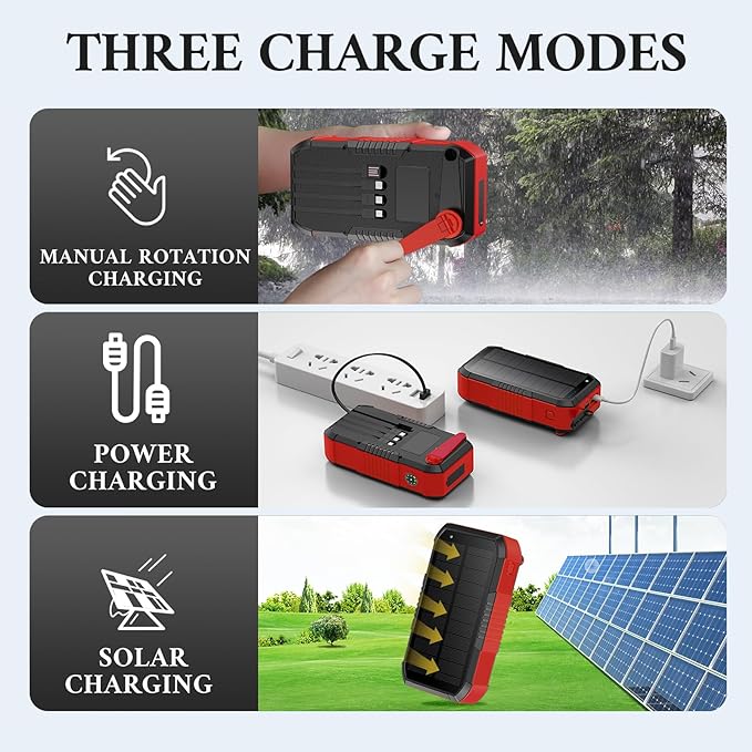 Solar Power Bank 66800mAh Built in Hand Crank and 4 Cables 22.5W Fast Charge,Camping Essentials/SOS/Strobe/Strong Flashlights,Compass Solar Portable Charger Power Bank (Red)