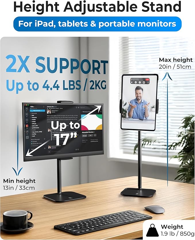 COOPER TabStand, 20" Tall iPad Stand for Desk, Portable Monitor Holder up to 17" Holds 4.4lb, Desktop Tablet Stand, Tablet Mount, Apple iPad Holder for Desk, for Samsung, Kindle, Fire (Night Black)