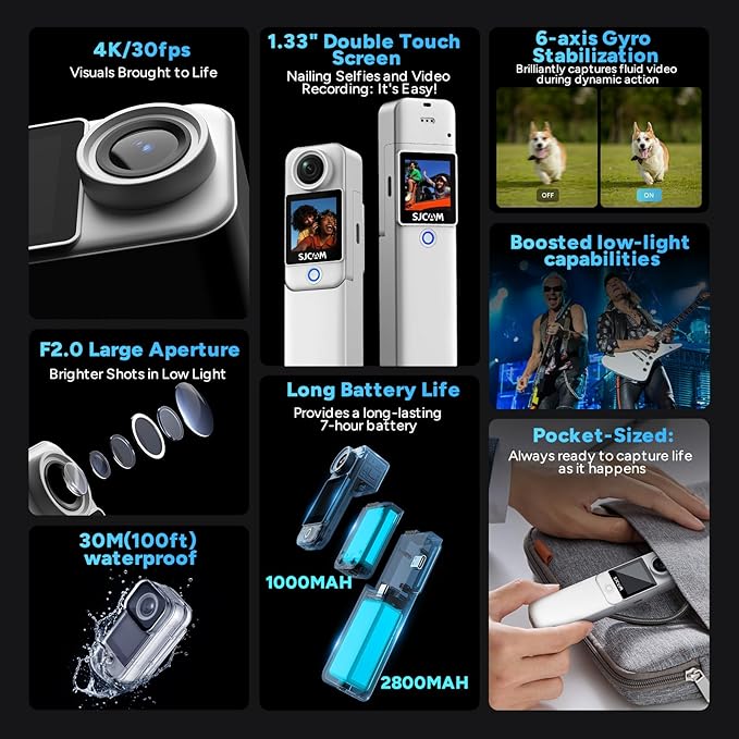 SJCAM C300 Vlogging Combo,4K Pocket Action Camera,7H Power,6-Axis Stabilization,Dual-Touch Screen 154° Wide FOV Video Camera for Photography Camcorders,Travel,Waterproof,Live Streaming,64G Card