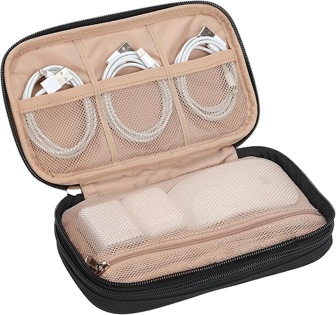 NISHEL Travel Cord Organizer Case, Double Layers Tech Electronic Bag, Essentials for Charger, Cable, Phone, Flash drive, Black