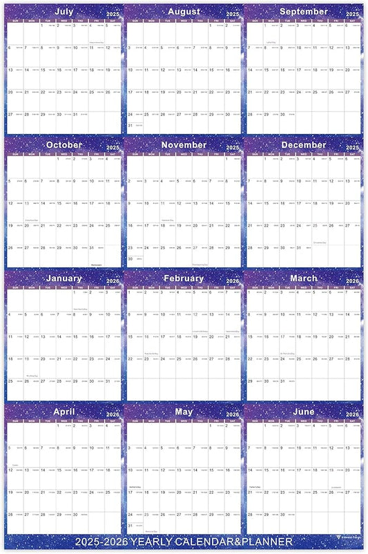 2025-2026 Yearly Wall Calendar - annual calendar with Thick Paper, July 2025 - June 2026, X Large, 34.7" x 22.8" (2025-2026 Yearly Wall Calendar - Purple Star)