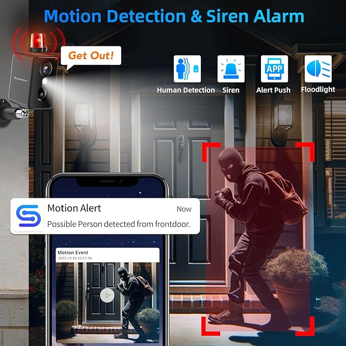 Septekon 2K Security Cameras Wireless Outdoor 2 Pack, Solar Battery Powered Camera with Two Spotlights, PIR Motion Detection Siren, Color Night Vision, 2-Way Audio, IP66 Waterpoof
