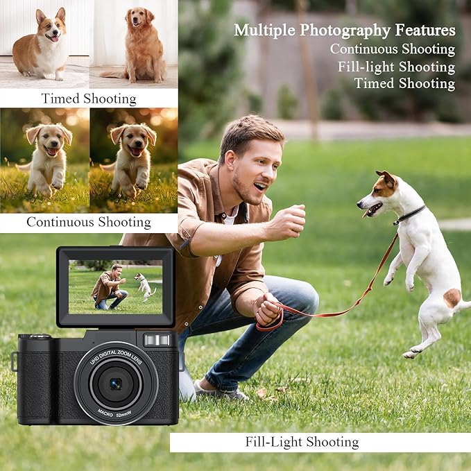 5K Digital Camera for Photography 64MP Auto-Focus Vlogging Camera for YouTube 3" 180° Flip Screen Compact Travel 18X Digital Zoom, Anti-Shake 2 Batteries & 32GB TF Card
